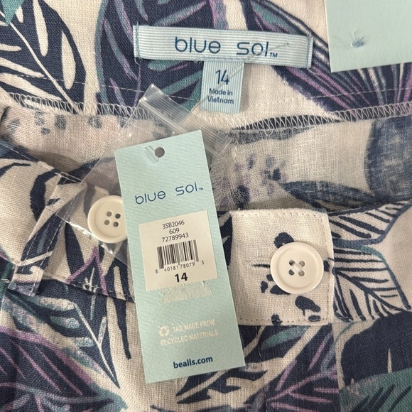 Blue Sol Blue & White Tropical Linen Blend Floral Print Women's Shorts Size 14 - Picture 8 of 8